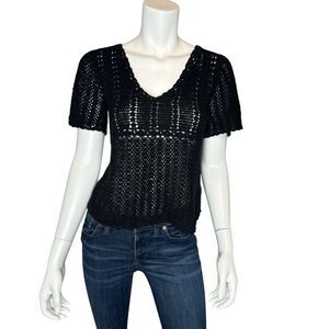 VINTAGE Y2K Anchor Blue Size S Black Crochet Babydoll Top Ramie Cotton Waist Tie